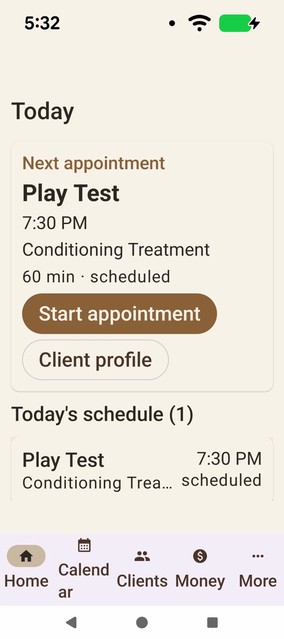 Cosmofy's home screen showing today's next appointment and schedule